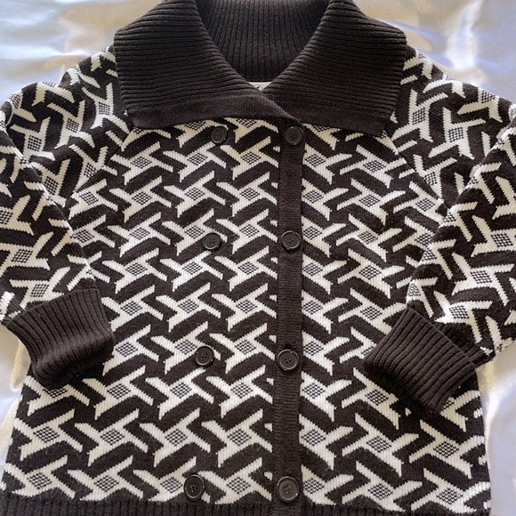 Vintage Brown Cream Houndstooth Knit Sweater Double Breasted Contrast Collar SM - Picture 1 of 13
